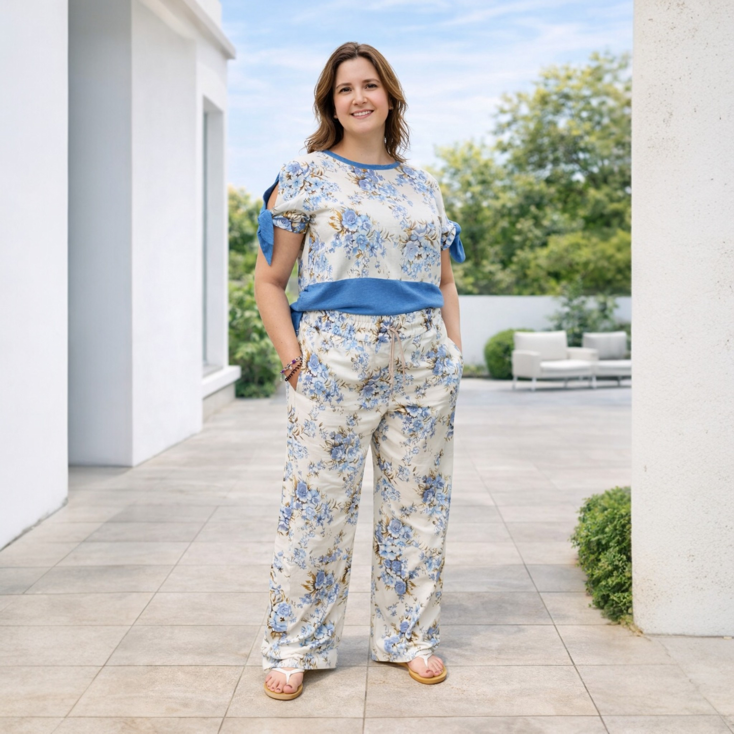 Conjunto Feminino Floral em Linho & Algodão | Isabella 🩵