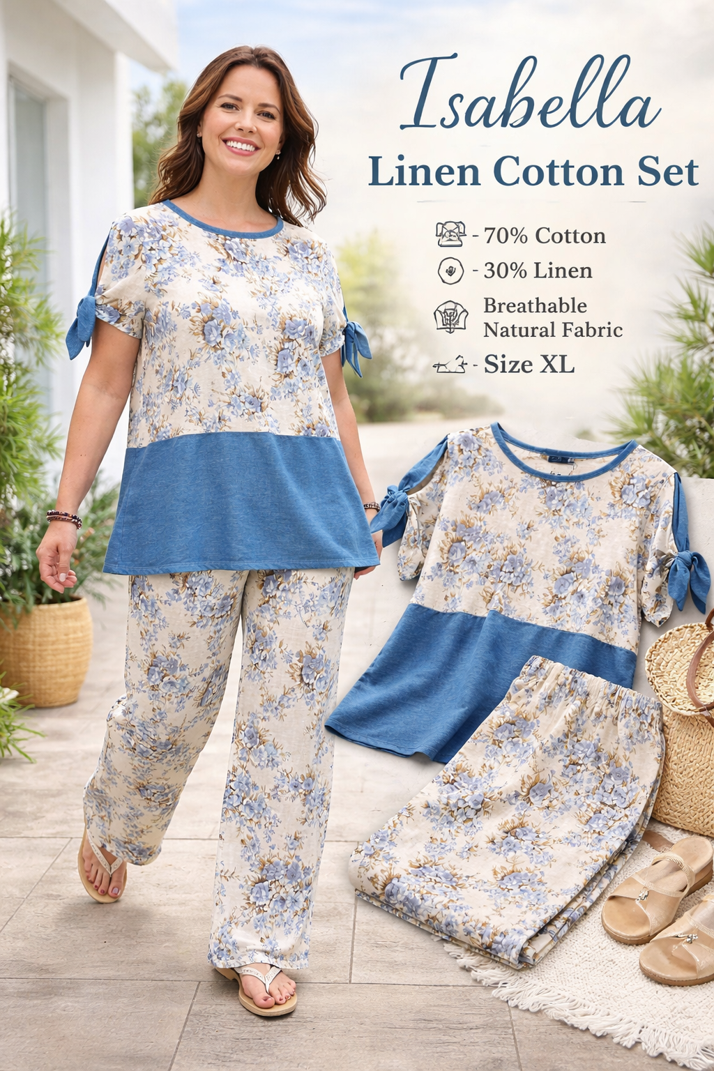 Conjunto Feminino Floral em Linho & Algodão | Isabella 🩵