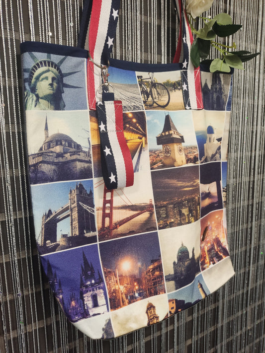 Tote bag em tecido percal com monumentos e ganga / Mala de mulher / Mala artesanal em tecido em tons de azul