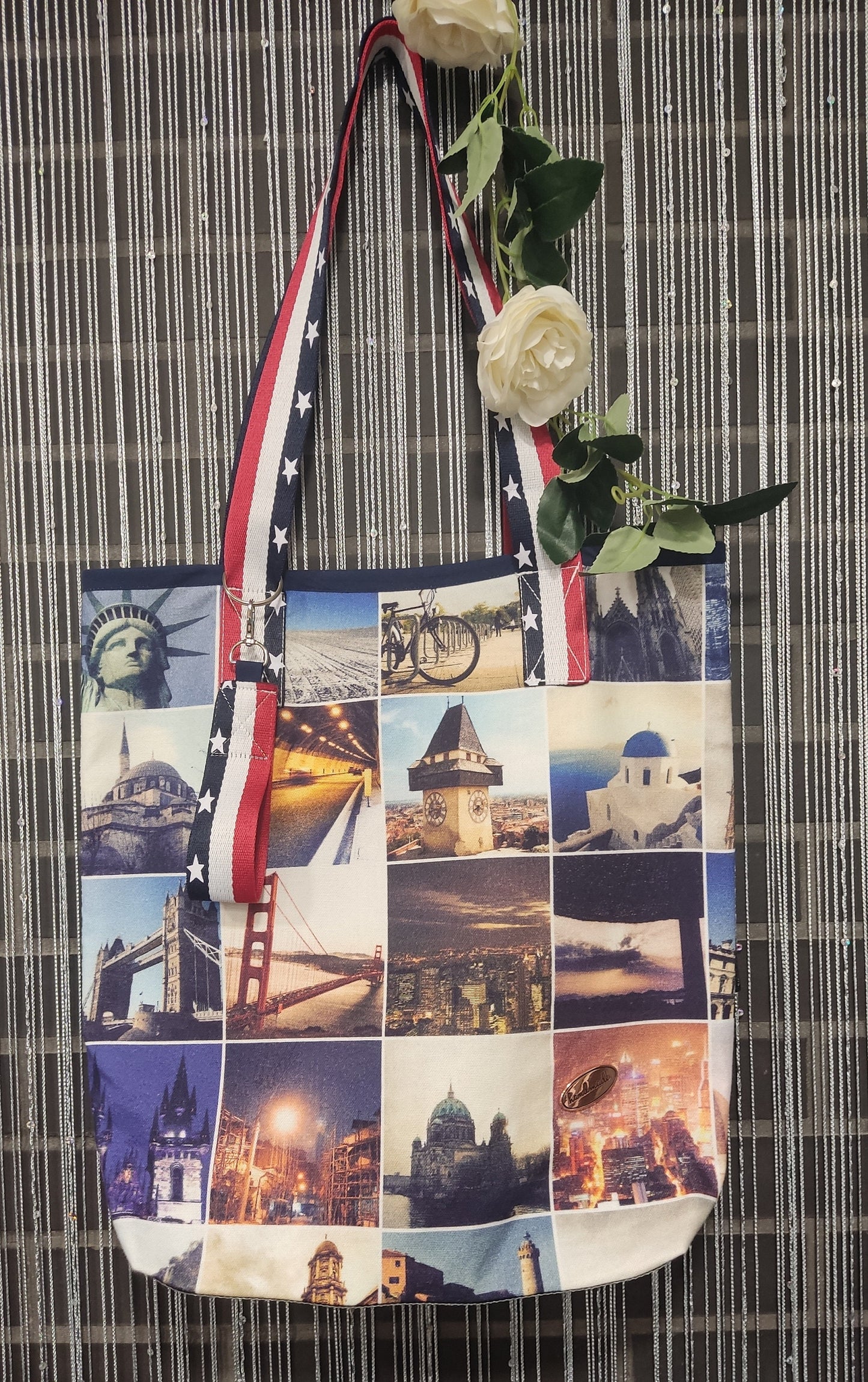 Tote bag em tecido percal com monumentos e ganga / Mala de mulher / Mala artesanal em tecido em tons de azul