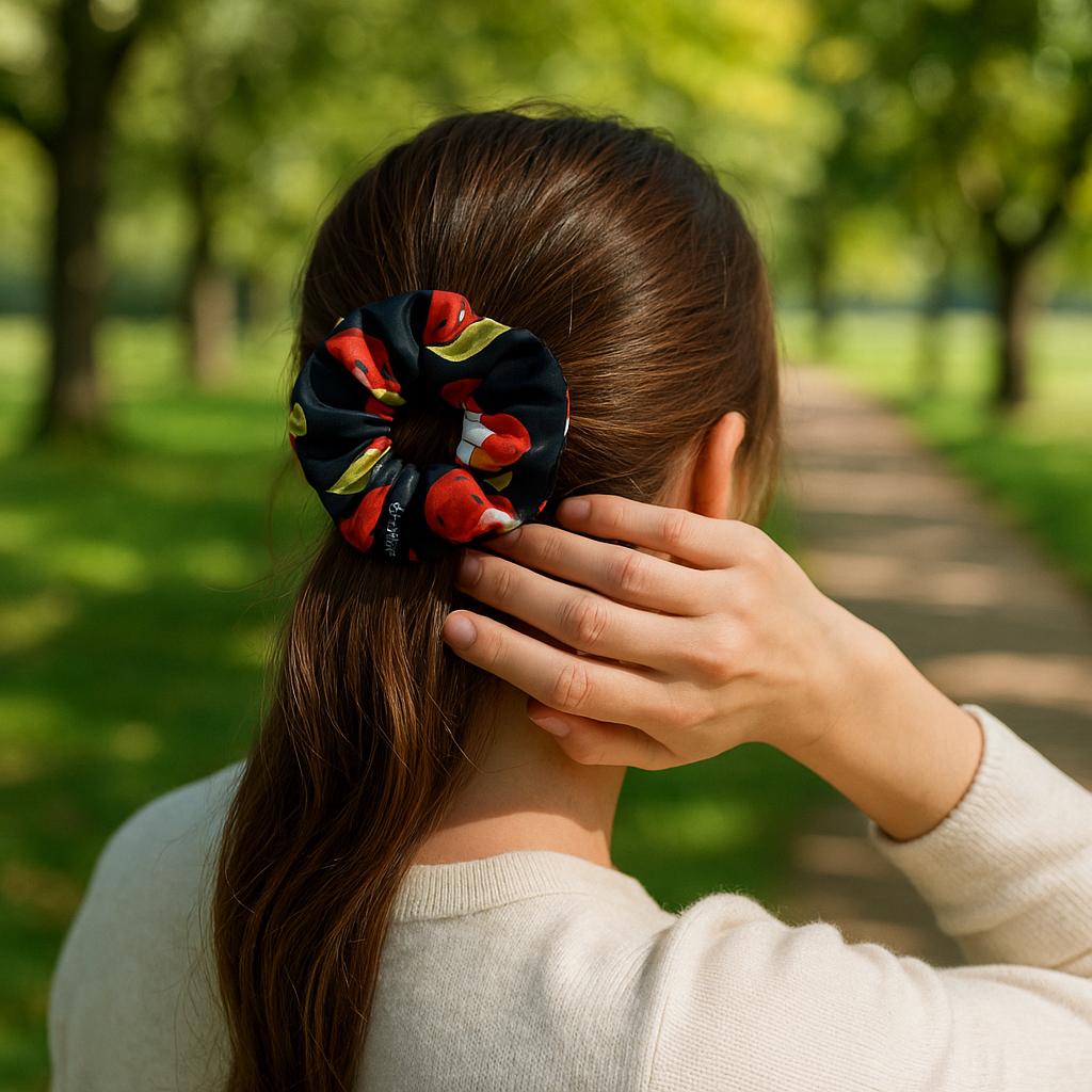 Conjunto Scrunchie + Lenço em Cetim com Estampa de Maçãs – Feito à Mão