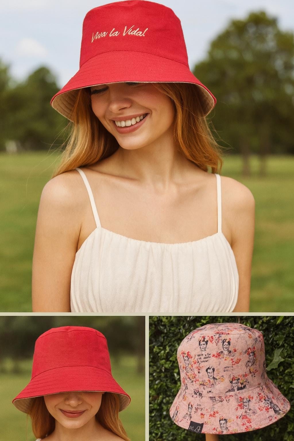 Panamá Frida Kahlo em linho vermelho, reversível, com bordado "viva la vida“ Chapéu de pano reversível. Embroidered fabric hat. Linen Hat.
