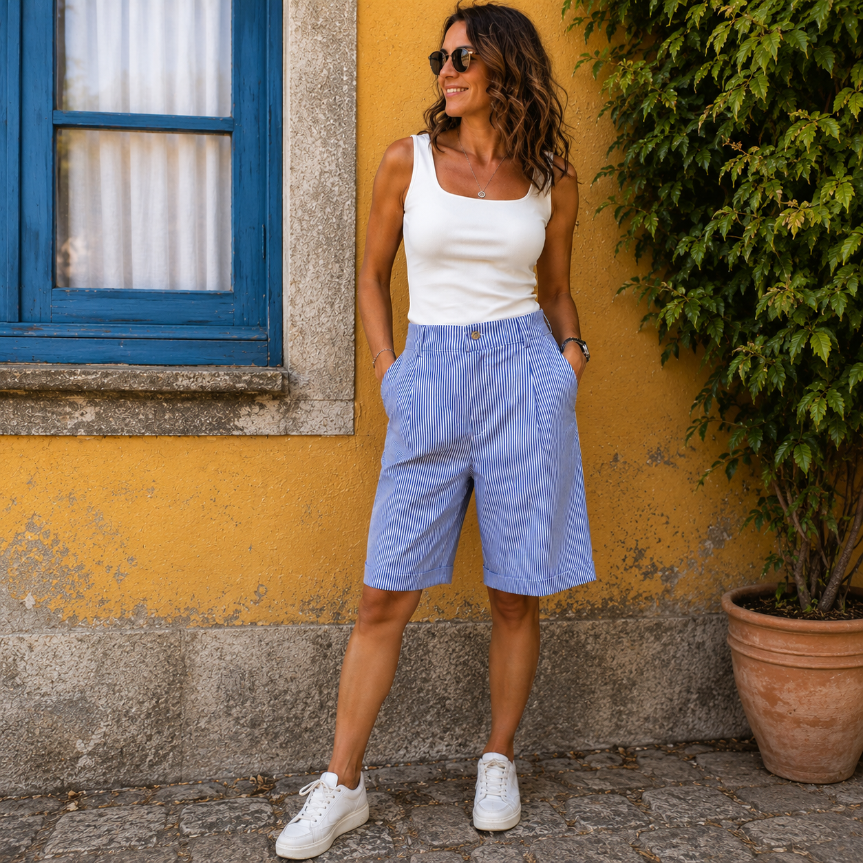 Calções Bermuda às Riscas Azuis em Algodão Sarjado