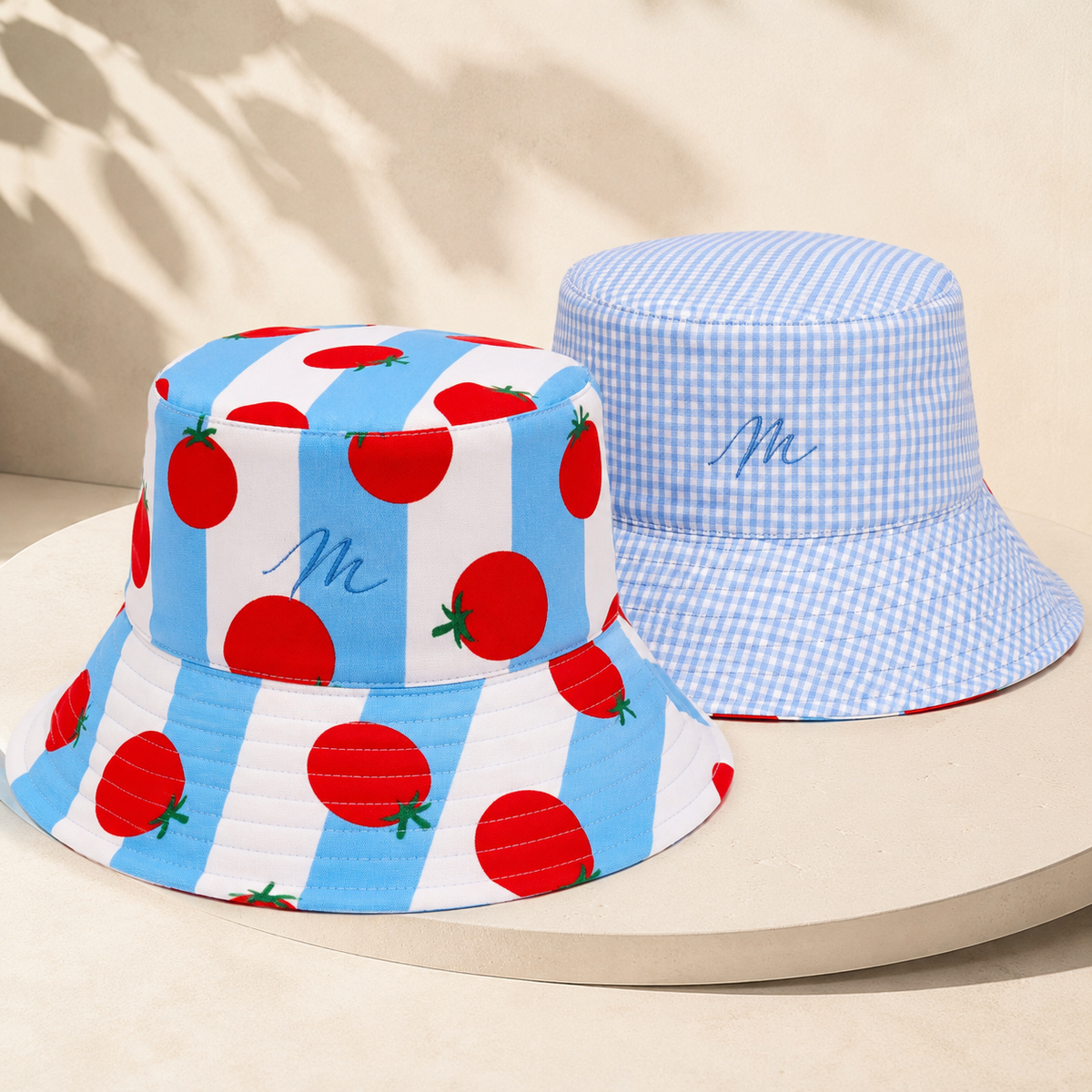 Panamá Reversível Tomate | Chapéu de Verão Impermeável | Vichy Azul | Feito à Mão em Portugal