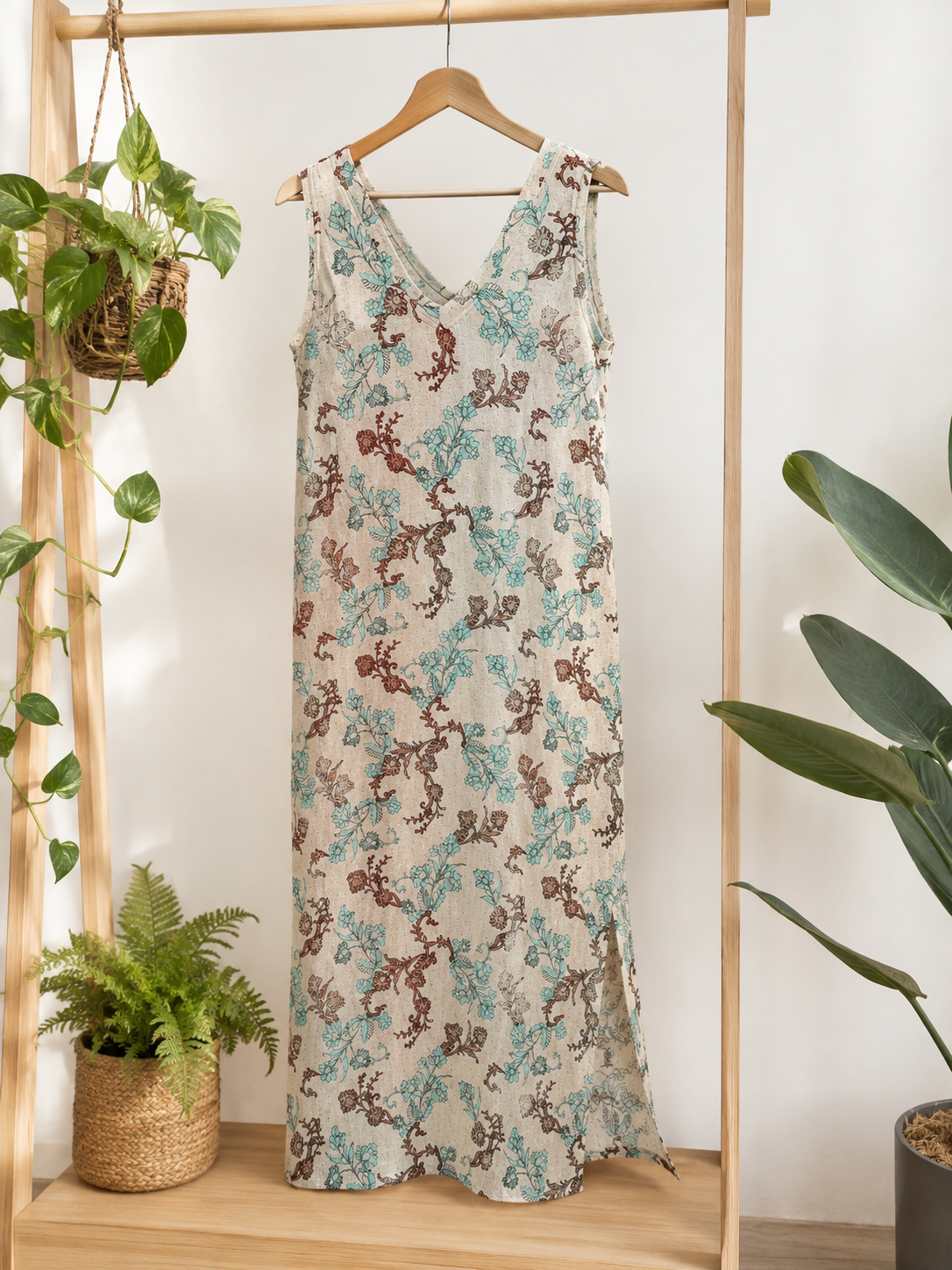 Vestido Longo em Malha de Algodão com Bolsos – Padrão Floral Étnico