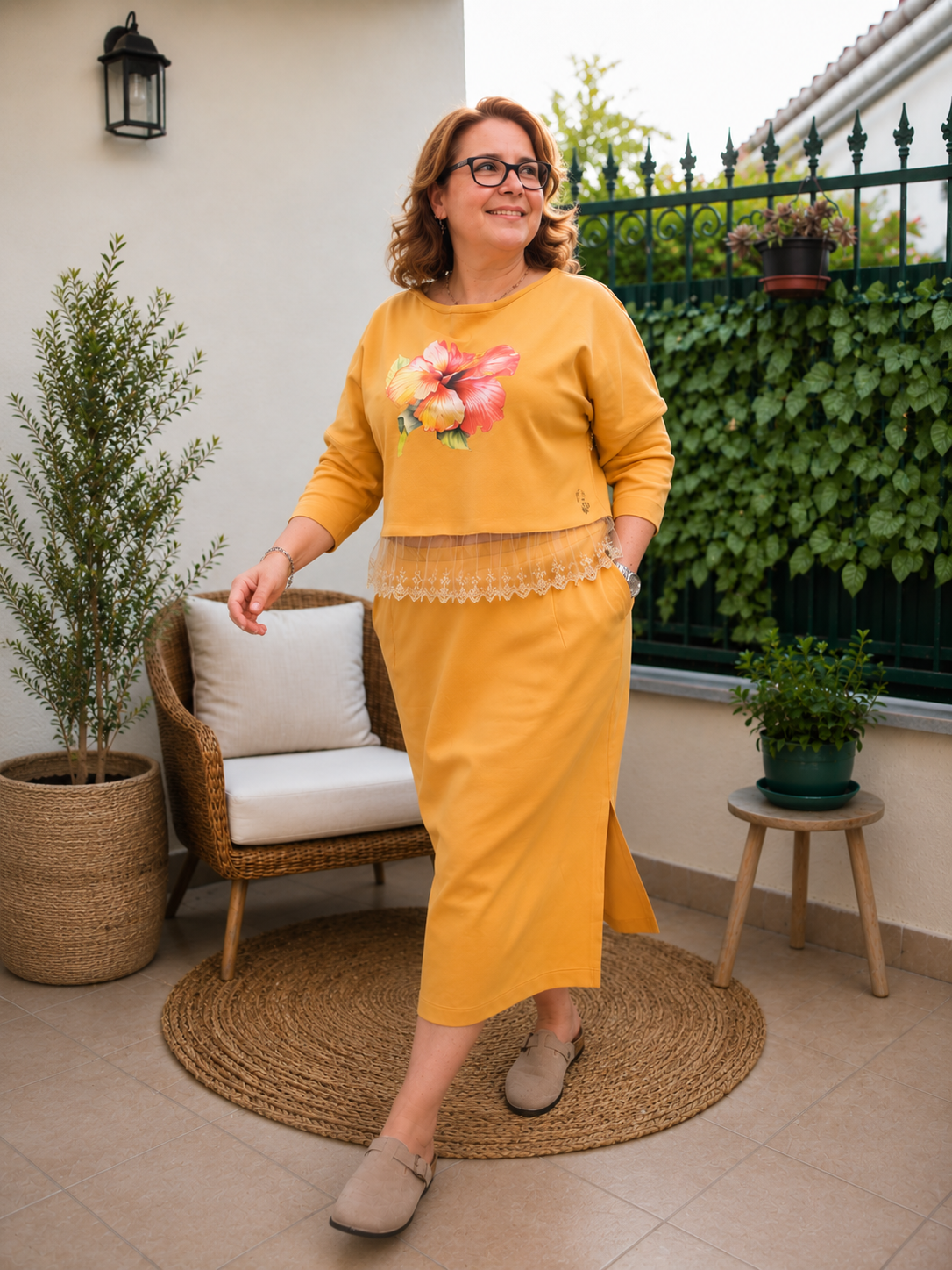 Conjunto Mostarda em Algodão com Renda | Oversized Feminino XL/XXL | Made4you®