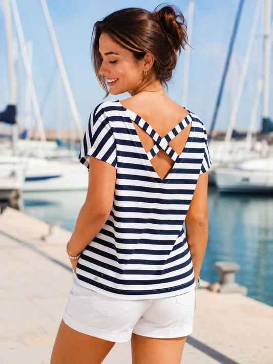 T-shirt de Riscas Marinheiras com Decote Canoa /Tamanho Único (M ao XL) 🌊