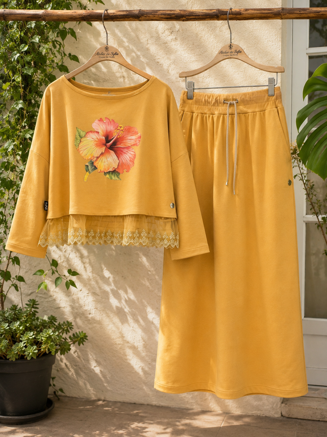 Conjunto Mostarda em Algodão com Renda | Oversized Feminino XL/XXL | Made4you®