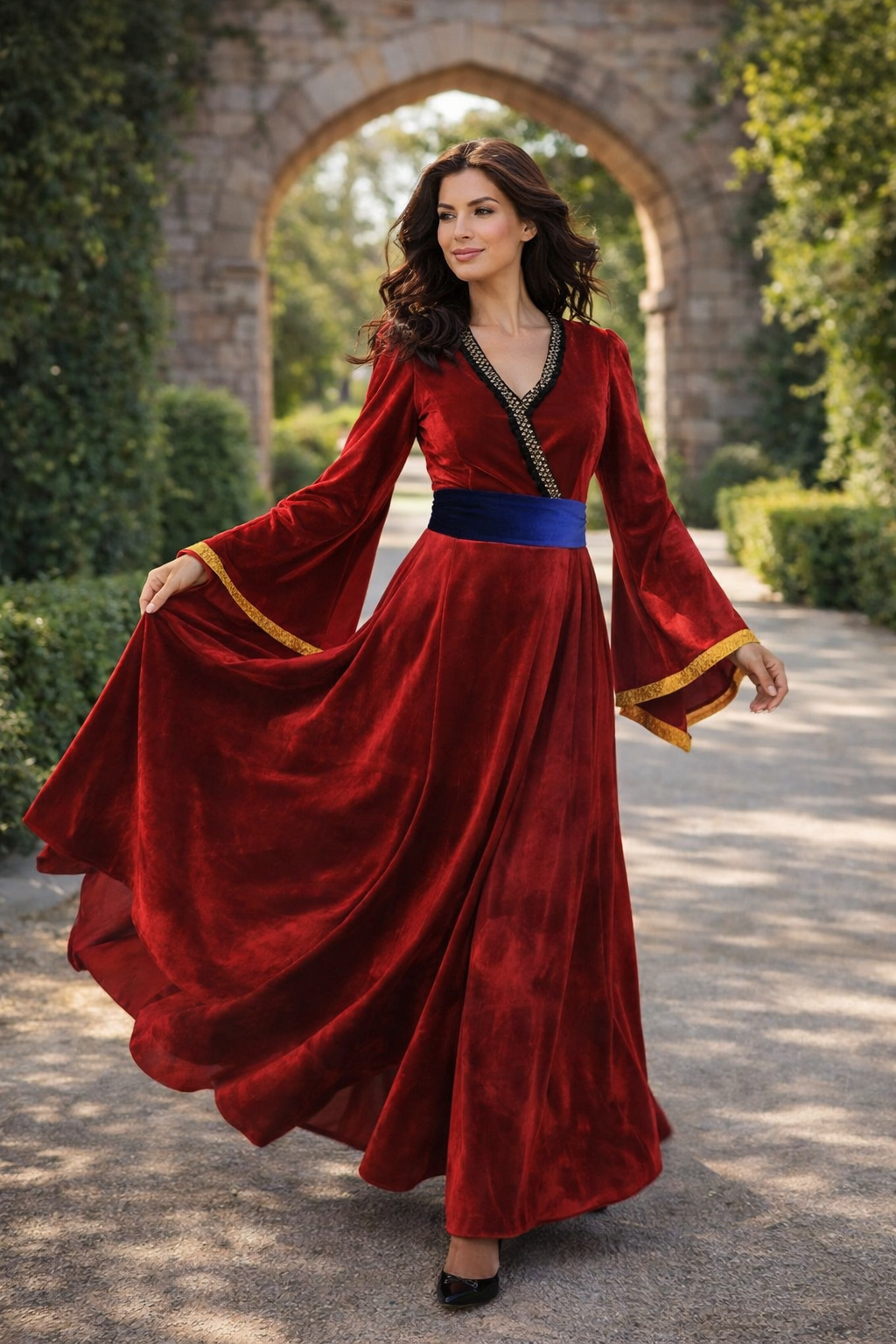 Vestido Medieval em veludo vermelho com faixa azul tamanho M