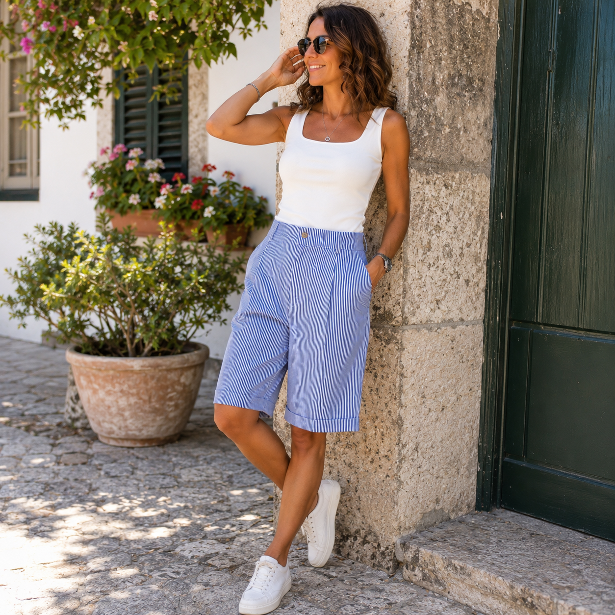Calções Bermuda às Riscas Azuis em Algodão Sarjado