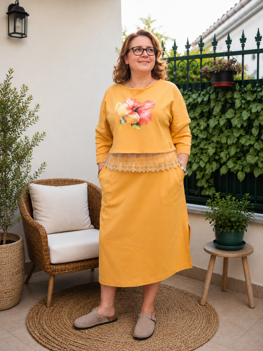 Conjunto Mostarda em Algodão com Renda | Oversized Feminino XL/XXL | Made4you®