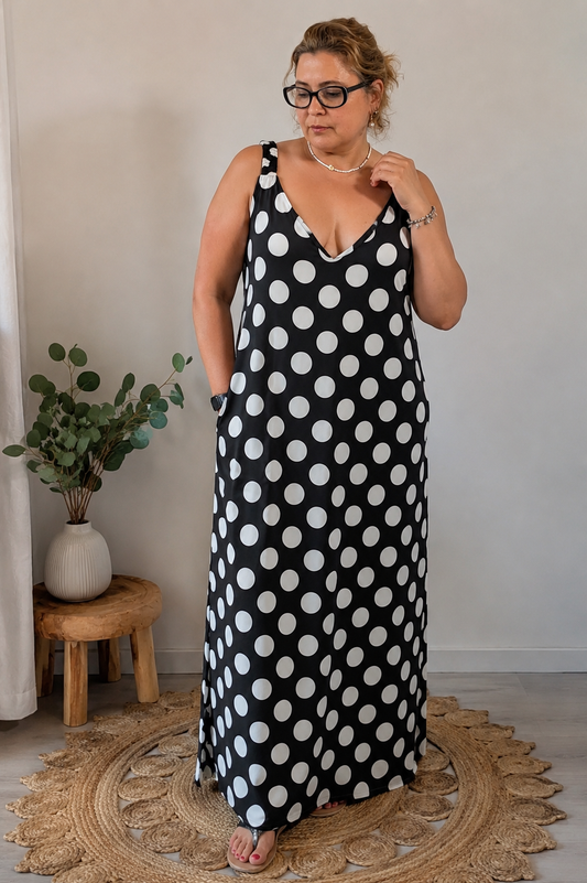 Vestido Comprido Poá Preto e Branco XL